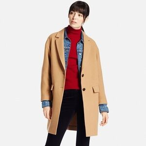 Uniqlo Wool Blend Relaxed Long Coat, Camel Beige Size S
